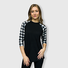 Load image into Gallery viewer, Plaid Raglan Black White Checkered with Transfer $26.99