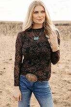 Load image into Gallery viewer, Black Western Rodeo Printed Mock Neck Long Sleeve Mesh Top