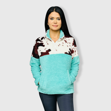 Load image into Gallery viewer, Sherpa Turquoise Brown Cow Pullover Women - $32.00