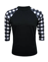 Load image into Gallery viewer, Plaid Raglan Black White Checkered with Transfer $26.99