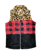 Load image into Gallery viewer, Sherpa Color Block Plaid Cheetah Vest Women - $20.00
