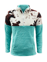 Load image into Gallery viewer, Sherpa Turquoise Brown Cow Pullover Women - $32.00