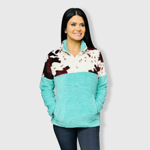 Load image into Gallery viewer, Sherpa Turquoise Brown Cow Pullover Women - $32.00