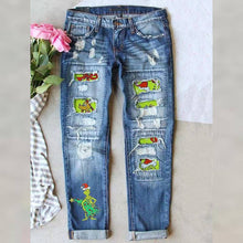 Load image into Gallery viewer, Women’s Distressed Straight Leg Jeans with Christmas