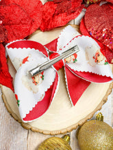 Load image into Gallery viewer, Scalloped Santa Print Glitter Hair Bow in Red
