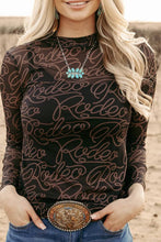 Load image into Gallery viewer, Black Western Rodeo Printed Mock Neck Long Sleeve Mesh Top