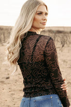 Load image into Gallery viewer, Black Western Rodeo Printed Mock Neck Long Sleeve Mesh Top