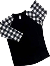 Load image into Gallery viewer, Plaid Raglan Black White Checkered with Transfer $26.99