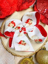 Load image into Gallery viewer, Scalloped Santa Print Glitter Hair Bow in Red