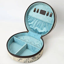 Load image into Gallery viewer, Hand-Tooled Round Hair-On Leather Jewelry Case Western Floral &amp; Turquoise Inlay - $220.00
