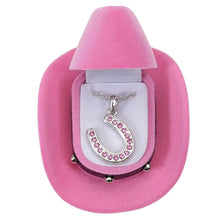 Load image into Gallery viewer, Pink Rhinestone Horseshoe Necklace in Cowboy Hat Gift Box
