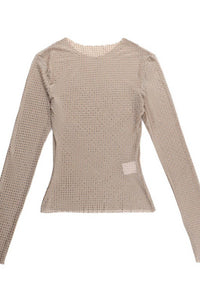 ROUND NECK RHINESTONE GLITTER LONG SLEEVE TOP - $17.29