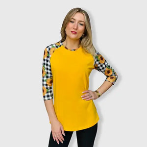 Sunflower Plaid Black White Top with Transfer -$26.99