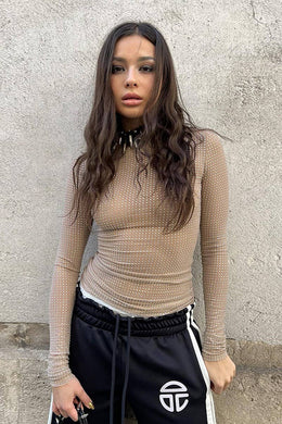 ROUND NECK RHINESTONE GLITTER LONG SLEEVE TOP - $17.29