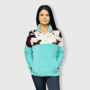 Sherpa Turquoise Brown Cow Pullover Women - $32.00