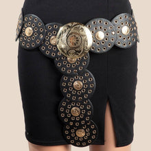 Load image into Gallery viewer, Faux Leather Grommet Disc Chain Belt - $29.99