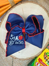 Load image into Gallery viewer, School Grade Embroidered Apple Moonstitch Bow