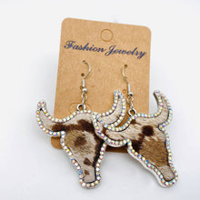 Load image into Gallery viewer, Western Style Cowboy Rhinestone Cowhide Cowhead Earrings -WJ