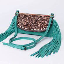 Load image into Gallery viewer, Leather Crossbody with Hand-Tooled Floral Flap &amp; Fringe - $51.00