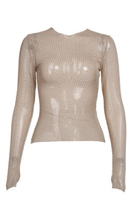 ROUND NECK RHINESTONE GLITTER LONG SLEEVE TOP - $17.29
