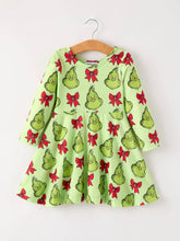 Load image into Gallery viewer, Winter Christmas Tree Bow Character Print  Green Girls Dress