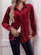 Load image into Gallery viewer, Solid Velvet Button-Up Lantern Sleeve Collared Blouse - $29.99