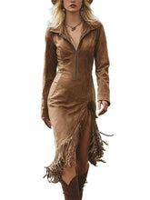 Load image into Gallery viewer, Suede Fringe Slim Fit Long Sleeve Dress - $46.00
