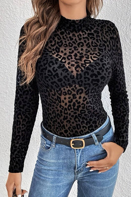LEOPARD PRINT STAND COLLAR MESH BOTTOMING TOP - $18.35