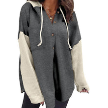 Load image into Gallery viewer, Women's Gray Colorblock Knit Sleeve Hooded Button Down Shirt - $33.00