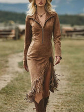 Load image into Gallery viewer, Suede Fringe Slim Fit Long Sleeve Dress - $46.00