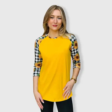Sunflower Plaid Black White Top with Transfer -$26.99