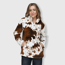 Load image into Gallery viewer, Cow Print Brown White Sherpa Pullover Women: Medium - $39.99