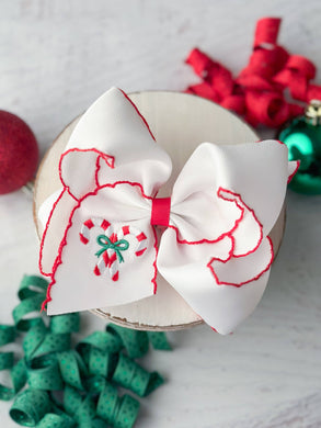 Candy Cane Embroidered Moonstitch Hair Bow $8.00