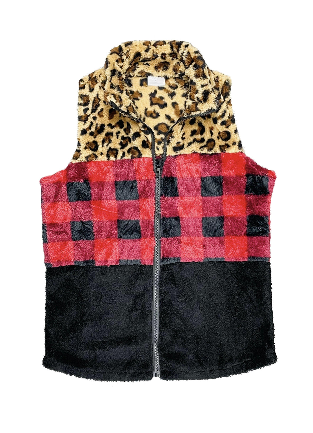 Sherpa Color Block Plaid Cheetah Vest Women - $20.00