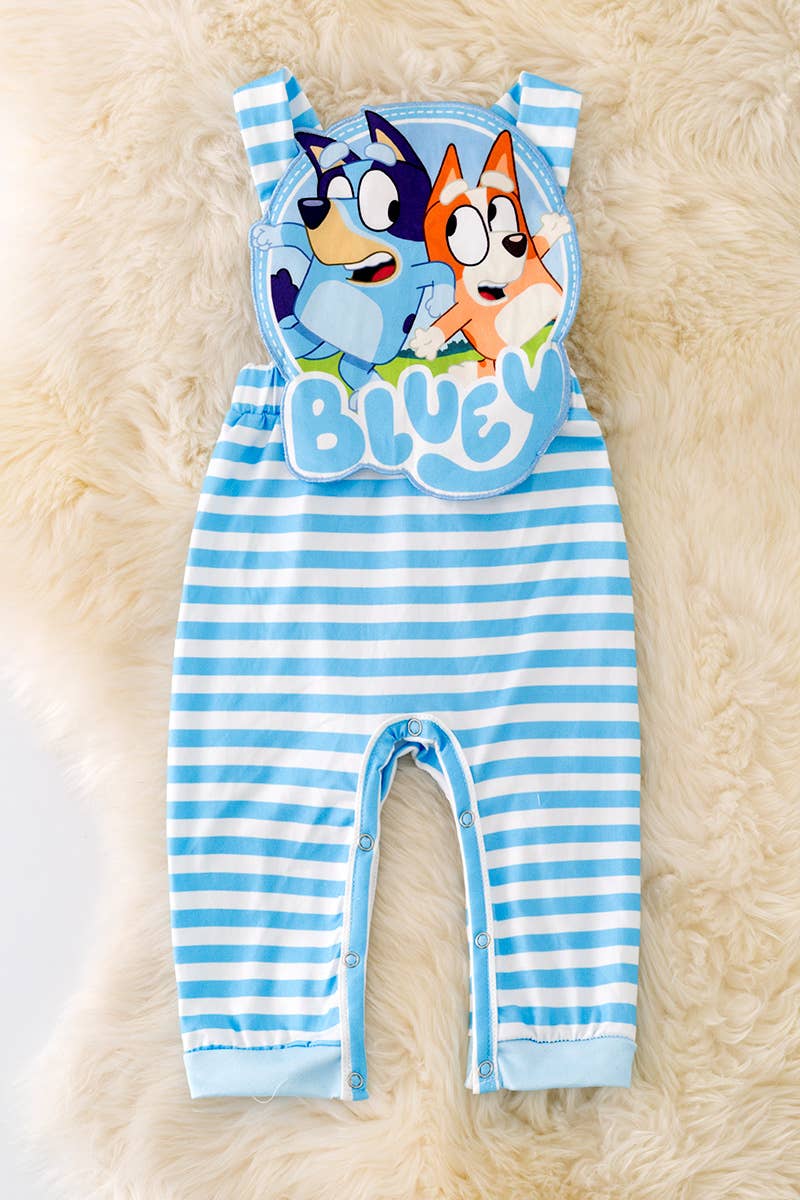 Blue and white character applique romper. $11.99