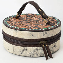 Load image into Gallery viewer, Hand-Tooled Round Hair-On Leather Jewelry Case Western Floral &amp; Turquoise Inlay - $220.00