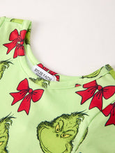 Load image into Gallery viewer, Winter Christmas Tree Bow Character Print  Green Girls Dress