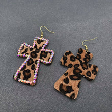 Load image into Gallery viewer, Rhinestone Leopard Print PU Leather Cross Dangle Earrings