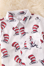 Load image into Gallery viewer, Cat in the.. printed button up short W/red joggers. $25.99