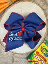 Load image into Gallery viewer, School Grade Embroidered Apple Moonstitch Bow