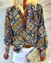 Load image into Gallery viewer, Floral print deepv lantern sleeve shirt