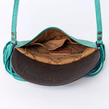 Load image into Gallery viewer, Leather Crossbody with Hand-Tooled Floral Flap &amp; Fringe - $51.00