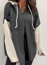 Load image into Gallery viewer, Women's Gray Colorblock Knit Sleeve Hooded Button Down Shirt - $33.00