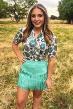 Load image into Gallery viewer, FORT WORTH FRINGE SKIRT TURQUOISE - $45.90