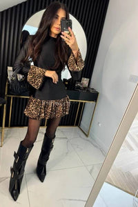 LEOPARD PRINT PANELED BELL-SLEEVE MINI DRESS - $28.99