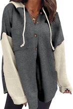 Load image into Gallery viewer, Women's Gray Colorblock Knit Sleeve Hooded Button Down Shirt - $33.00