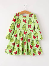 Load image into Gallery viewer, Winter Christmas Tree Bow Character Print  Green Girls Dress