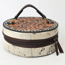 Load image into Gallery viewer, Hand-Tooled Round Hair-On Leather Jewelry Case Western Floral &amp; Turquoise Inlay - $220.00