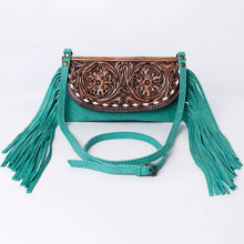 Load image into Gallery viewer, Leather Crossbody with Hand-Tooled Floral Flap &amp; Fringe - $51.00