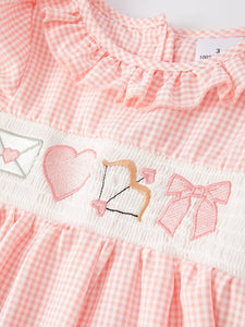 Valentine's Day Letter Heart Bow Arrow Smocking Embroidery Girls Outfits Set:  Size 4